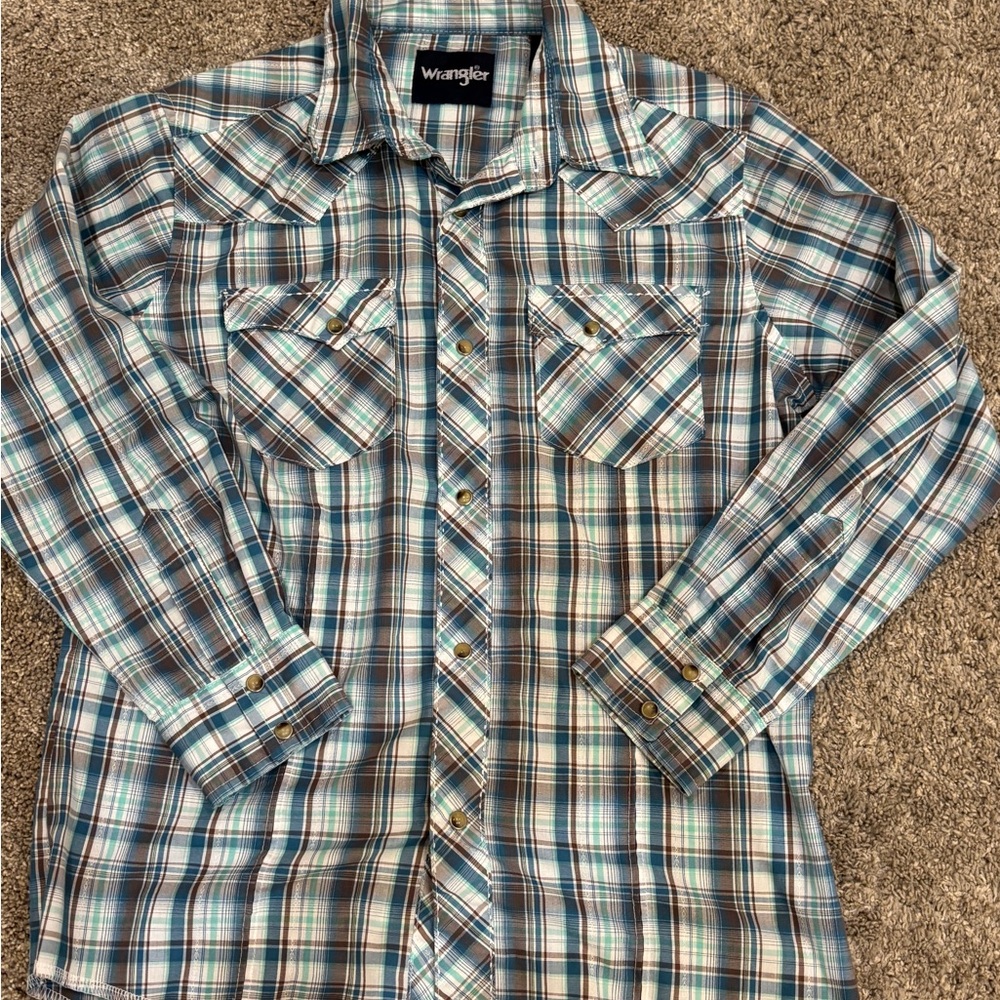 Wrangler Kids Blue and Brown Plaid Button Down Shirt